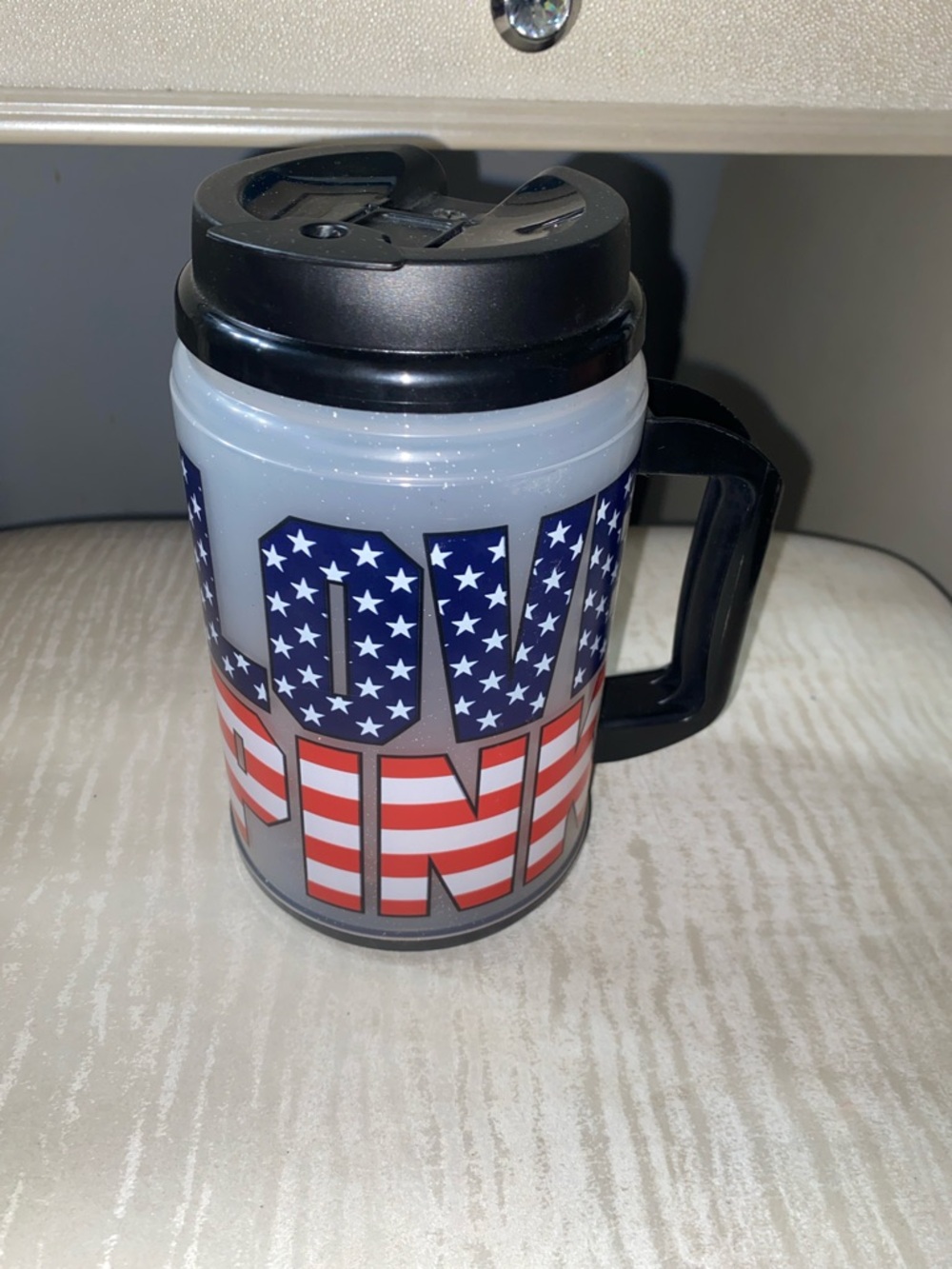 Travel Mug with American Flag Lettering - Red, White & Blue